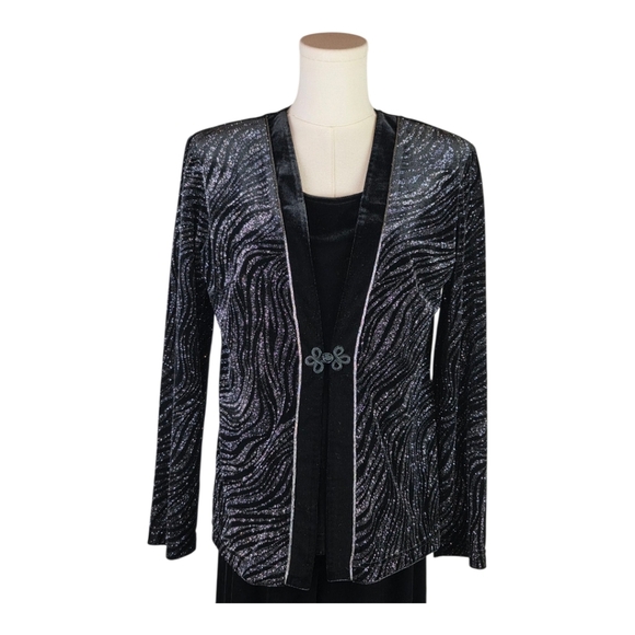 Sheri Martin Vintage 2PC Glitter Pantsuit Black Silver Faux Jacket Pant Set 6/10 - Picture 2 of 12